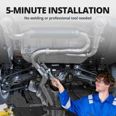 Mechanic installing Beefy 2.25 Inch Exhaust Lap Joint Clamp Set Heavy Duty Stainless Steel Band Clamp on car exhaust