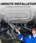 Mechanic installing exhaust with Two Inch Exhaust Clamp Butt Joint Band Sleeve Connector Stainless Steel For Pipes Mufflers And Catalytic Converters Easy Install No Weld 1 Piece Heavy Duty Clamp