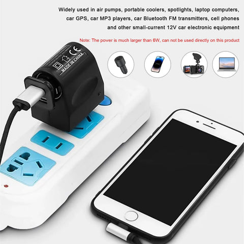 2 Pack AC To DC Converter 220V To 12V 500MA Car Cigarette Lighter Socket Adapter plugged into a power strip with phone charging.