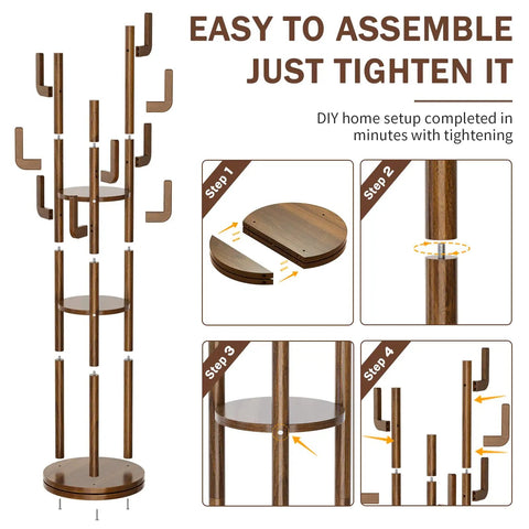 Rotating Coat Rack Freestanding Solid Wood Tree With 9 Hooks And 3 Shelves showing assembly steps.