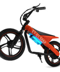 Kids Electric Bike With 350W Motor 36V 7.8Ah Battery Zippy Up To 15.5 MPH, 15 Mile Range, 16 Inch Pneumatic Tires, Off Road Balance Bike For Ages 6 And Up, Youth All Terrain Electric Bicycle, orange side view
