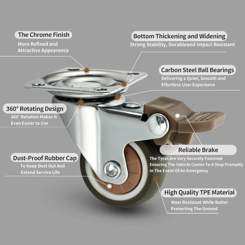 Tough As Nails 1.5 Inch Swivel Casters Set Of Four Heavy Duty Rolling Wheels with chrome finish and reliable brake for carts.