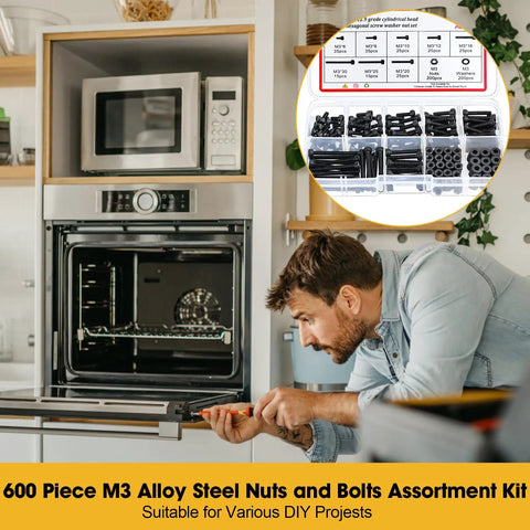 600 Pcs M3 Screws Set With Black Alloy Steel M3x6/8/10/12/16/20/25/30mm Screws, 12.9 Alloy Nuts, Bolts And Washers