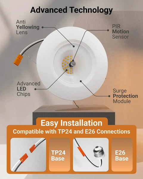 2 Pack 6 Inch LED Recessed Retrofit Down Lights With Motion Sensor 5 CCT Color Temperature Options white round downlight showing TP24 and E26 bases