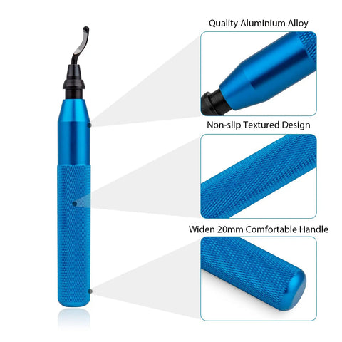 Close-up of Precision Deburring Tool With 10 High Speed Steel BS1010 Blades showcasing the blue aluminum handle and non-slip design.