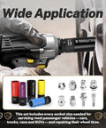Wide application of 5 Piece 1/2 Inch Drive Impact Lug Nut Socket Set With Non Marring Thin Wall Wheel Protector Sockets In 15mm 17mm 19mm 21mm 22mm For Easy Wheel Swaps And Quick Tire Changes Built From Heavy Duty Alloy For Cars Trucks SUVs showing sockets and usage on car wheel