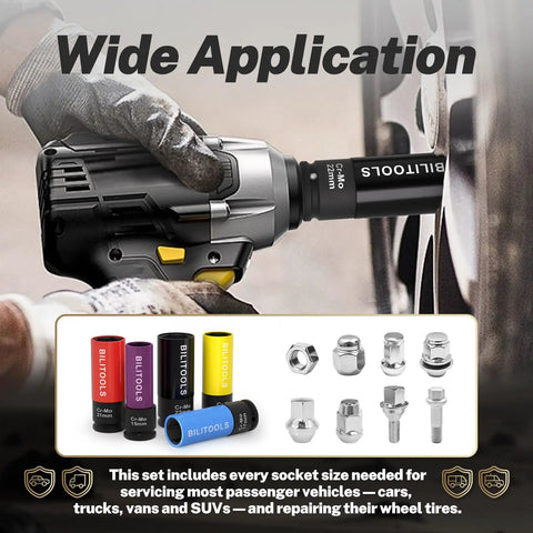 Wide application of 5 Piece 1/2 Inch Drive Impact Lug Nut Socket Set With Non Marring Thin Wall Wheel Protector Sockets In 15mm 17mm 19mm 21mm 22mm For Easy Wheel Swaps And Quick Tire Changes Built From Heavy Duty Alloy For Cars Trucks SUVs showing sockets and usage on car wheel