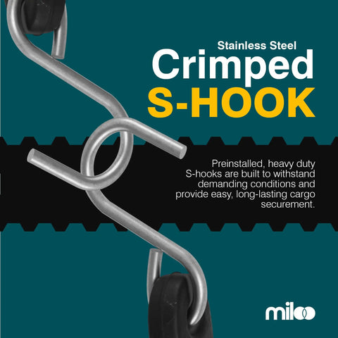 Close-up of heavy duty stainless steel crimped S-hook for cargo securement on Built Tough Heavy Duty Rubber Bungee Cords.