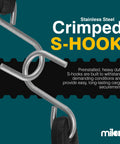 Close-up of stainless steel crimped S-hook used in heavy duty EPDM rubber bungee cords with hooks 21 inch tarp straps pack of 50.