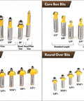 Seventy Piece Router Bit Set With Half Inch Shank Pro Grade Tungsten Carbide Woodworking Bits for trim, core, cove, round tasks.