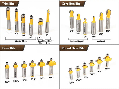 Seventy Piece Router Bit Set With Half Inch Shank Pro Grade Tungsten Carbide Woodworking Bits for trim, core, cove, round tasks.