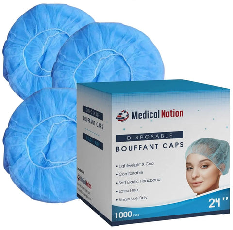 Image of Blue 24 Inch Disposable Bouffant Caps Hair Net Case Of 1000 Non Woven Non Pleated PPE for Medical Hospitals