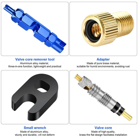 All In One Valve Core Repair Kit With Presta Tubeless Caps Core Removal Tools And Adapters 26 Piece Set components display