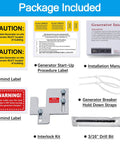 Package contents of Generator Interlock Kit For Eaton Cutler-Hammer BR Series Panels with labels, manual, and tools.