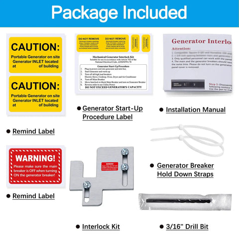 Package contents of Generator Interlock Kit For Eaton Cutler-Hammer BR Series Panels with labels, manual, and tools.