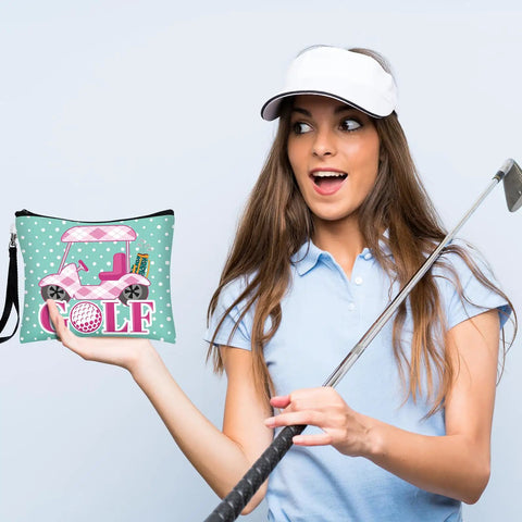 Woman holding 9 Piece Golf Gift Cosmetic Bags Set For Women with golf cart design, wearing visor, casual polo, holding golf club