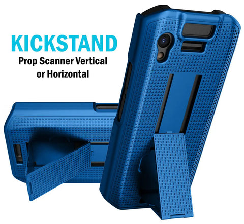 Sweet Kickstand Hard Shell Case And Rotating Belt Holster Bundle For Portable Scanners Featuring Snappy Trigger Access And Dependable Daily Workhorse, blue case with built-in kickstand for vertical or horizontal use.