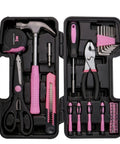 Pink 39 Piece All Purpose Household Tool Kit Set For Women With Compact Toolbox including hammer and pliers for DIY projects