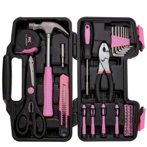 Pink 39 Piece All Purpose Household Tool Kit Set For Women With Compact Toolbox including hammer and pliers for DIY projects