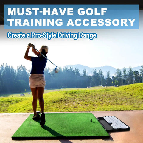 Golfer on a driving range using Heavy Duty Golf Ball Tray Kit With 18 Foam Balls Durable Indoor Outdoor Practice Mat Organizer.