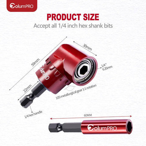 105 Degree Right Angle Drill Attachment Set With One Quarter Inch Hex Shank Magnetic Bit Holder And Four PZ2 PH2 Screwdriver Bits size guide