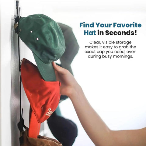 Hand reaching for hats on Over The Door Cap Rack Organizer 2 Pack Holds Up To 16 Hats, Adjustable Hat Hanger For Men Women Kids
