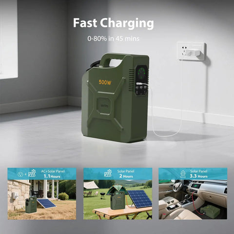 Reliable Portable Power Station 500W Featuring LiFePO4 Cell Pure Sine Wave Inverter charging in a modern interior setting.