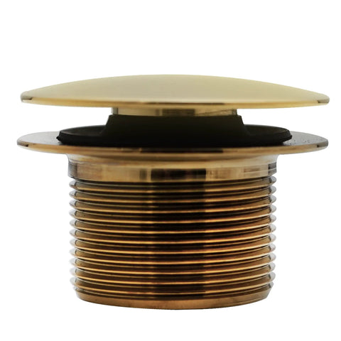 Knockout Polished Brass Tip Toe Bathtub Drain Stopper Kit features a shiny brass top and threaded base for easy installation.