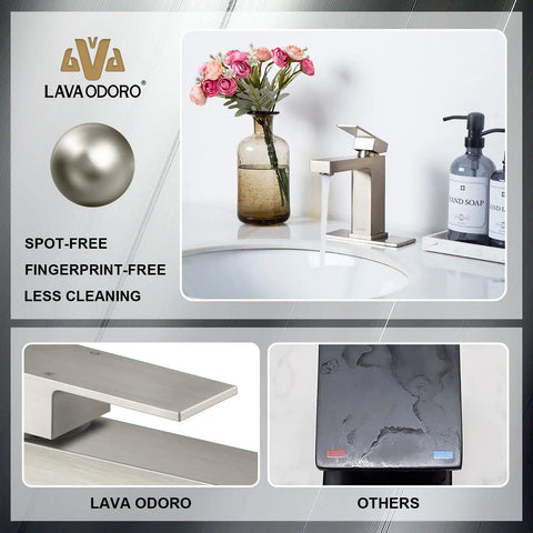 Brushed Nickel Single Hole Bathroom Faucet With Pop Up Drain, Single Handle Vanity Sink Faucet, deck plate shown, solid brass