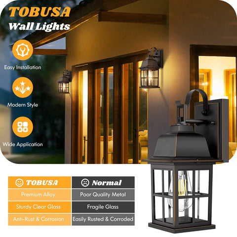 Two Pack Outdoor Wall Sconces With Solid Aluminum Oil Rubbed Bronze Finish, weatherproof lanterns on house exterior at night.