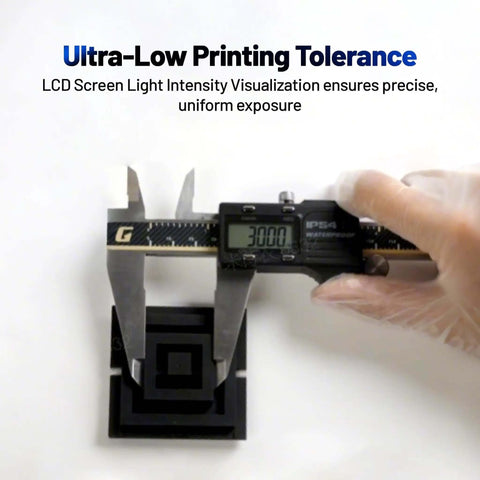 Person measuring 3D printed part with caliper showcasing RS Resin 3D Printer With Beefy 8.74 By 4.8 By 8.98 Inch Build Volume For Parts