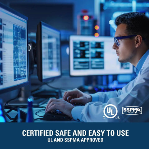 Person reviewing product data on screens, promoting certified safe and easy to use UL and SSPMA approved Beefy 1/2 HP Sump Pump.