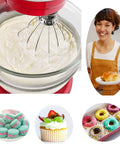Six Quart Wire Whip Stainless Steel Stand Mixer Accessory Replacement to whip fluffy cream and egg whites in a red mixer.
