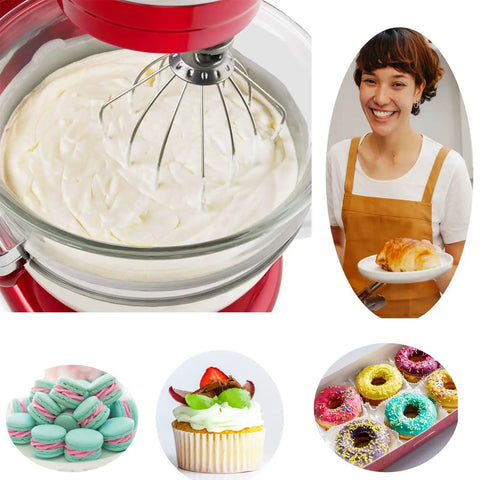 Six Quart Wire Whip Stainless Steel Stand Mixer Accessory Replacement to whip fluffy cream and egg whites in a red mixer.