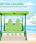 Two Seat Kids Patio Swing With Adjustable Canopy And Safety Belt Frog Pattern Hanging Swing Bench For Garden Or Backyard.