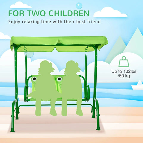 Two Seat Kids Patio Swing With Adjustable Canopy And Safety Belt Frog Pattern Hanging Swing Bench For Garden Or Backyard.