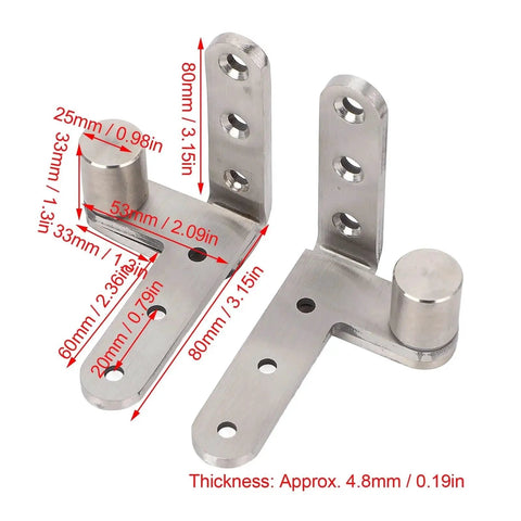 Heavy Duty Stainless Steel Door Pivot Hinges, 270 Degree Rotating Inset Hinge, Left Or Right Mount, with measurements displayed.