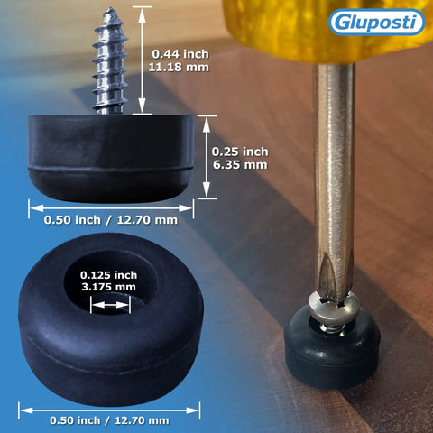 25 Soft Rubber Feet With Stainless Screws For Cutting Boards And Electronics, detailed dimensions and screw insertion example