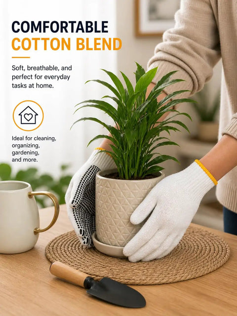 Person wearing 48 Pairs PVC Dotted Knit Work Gloves For Men And Women Non Slip Cotton General Purpose Gloves Bulk Pack One Size holding potted plant