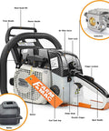 Diagram of Beefy Pro Grade Gas Chainsaw with 28 Inch Bar 72cc 2 Cycle Power Head, detailing components like carburetor and muffler.