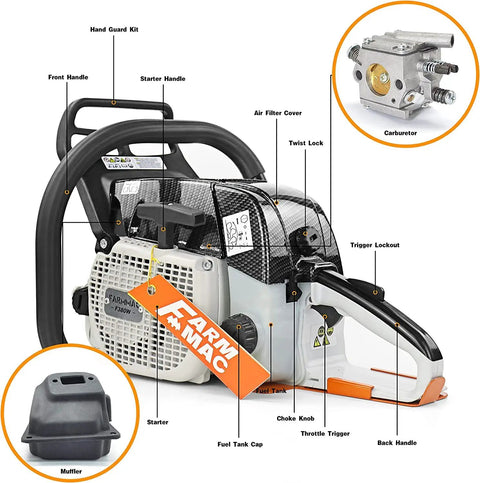 Diagram of Beefy Pro Grade Gas Chainsaw with 28 Inch Bar 72cc 2 Cycle Power Head, detailing components like carburetor and muffler.