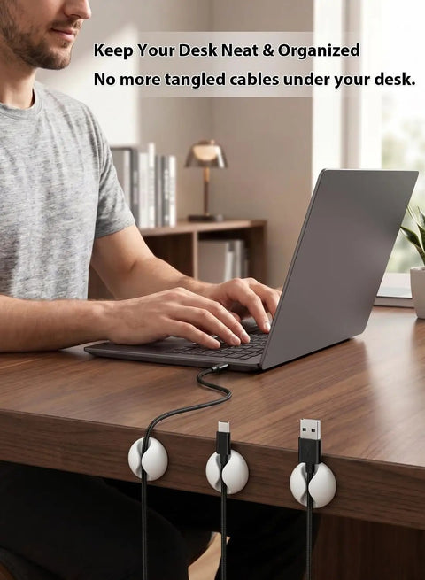 6 Pack White Cable Clips For Desk Nightstand And Car, Easy Cord Management Holders securing cables on a desk with laptop