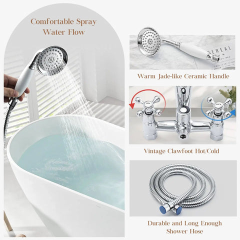 Retro Vibe Clawfoot Tub Faucet And Shower Kit, Chrome Wall Mount With Hand Shower, G1 2 Inlet, Brass Double Cross Handles, Victorian Style Tub Filler Set For Old School Bathrooms