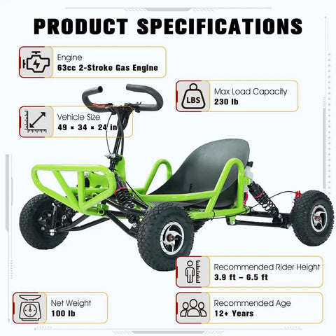 Gas Powered Off Road Go Kart For Adults And Teens With 63cc 2.5HP Engine Kill Switch Beefed Up Heavy Duty Steel Frame Upgraded Braking System