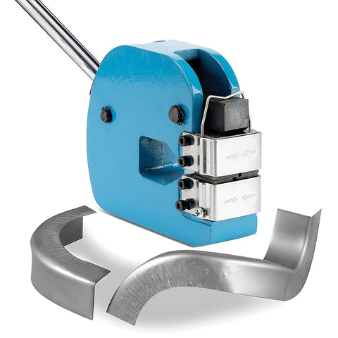 Metal Shrinker And Stretcher Two In One With 90mm Throat For No Fuss Sheet Metal Bending Shrinking And Stretching Mild Steel Up To 18 Gauge And Aluminum Up To 16 Gauge tool head and bent metal pieces.