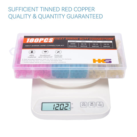 HKS heat shrink butt connector kit, 180 pcs, color-coded connectors in clear plastic case