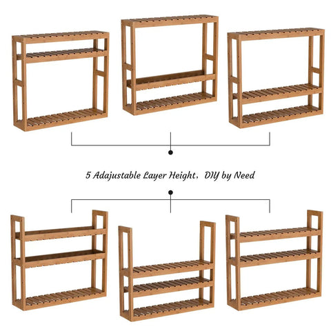3 Tier Bamboo Wall Mount Shelf Organizer for Bathroom and Kitchen, adjustable positions, space-saving walnut finish, assembly options