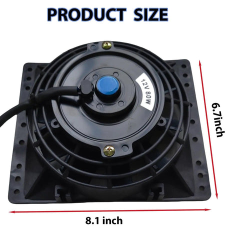 Single view of Six Inch Slim Radiator Cooling Fan Kit With Mounts, showing measurements 8.1 x 6.7 inches, 12 Volt, 80 Watt