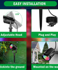 Outdoor RGB LED Flood Lights With Stakes 12W Color Changing Landscape Lighting 120V Plug In Waterproof Floodlight Kit With Remote 270 Degree Adjustable Memory Function 4 Pack For Garden Yard Path, showing adjustable head, plug, stake mount, and wall mount.