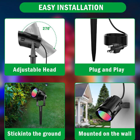 Outdoor RGB LED Flood Lights With Stakes 12W Color Changing Landscape Lighting 120V Plug In Waterproof Floodlight Kit With Remote 270 Degree Adjustable Memory Function 4 Pack For Garden Yard Path, showing adjustable head, plug, stake mount, and wall mount.